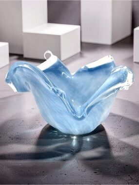Murano Style Hand-Blown Art Glass "Tulip" Bowl Sky Blue & White Marble Swirl
